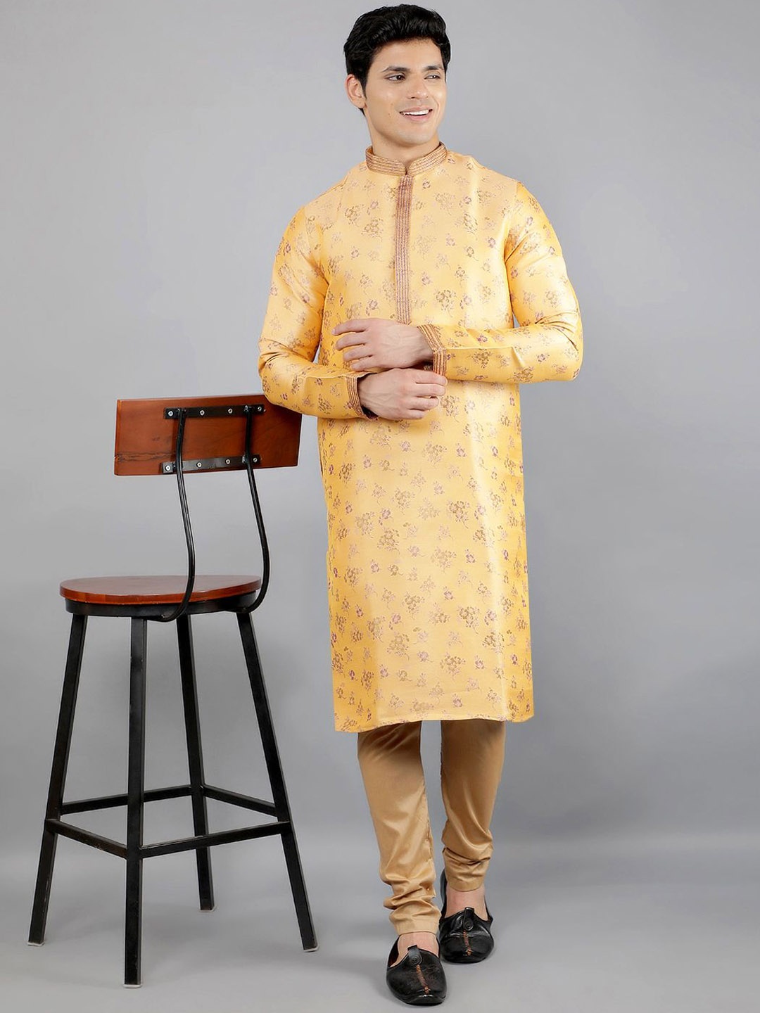 Manish Creations Floral Woven Design Mandarin Collar Jacquard Straight Kurta With Churidar, Yellow
Manish Creations Floral Woven Design Mandarin Collar Jacquard Straight Kurta With Churidar, Yellow