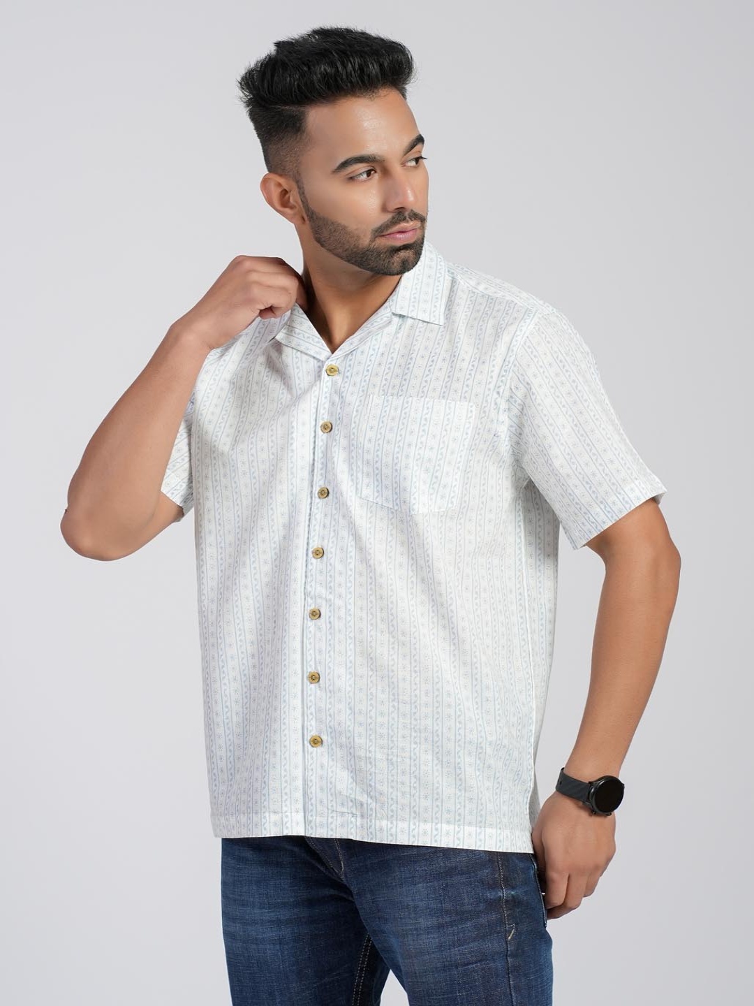 Cotton Curio Men Comfort Fit Cuban Collar Floral Printed Cotton Casual Shirt, White
Cotton Curio Men Comfort Fit Cuban Collar Floral Printed Cotton Casual Shirt, White