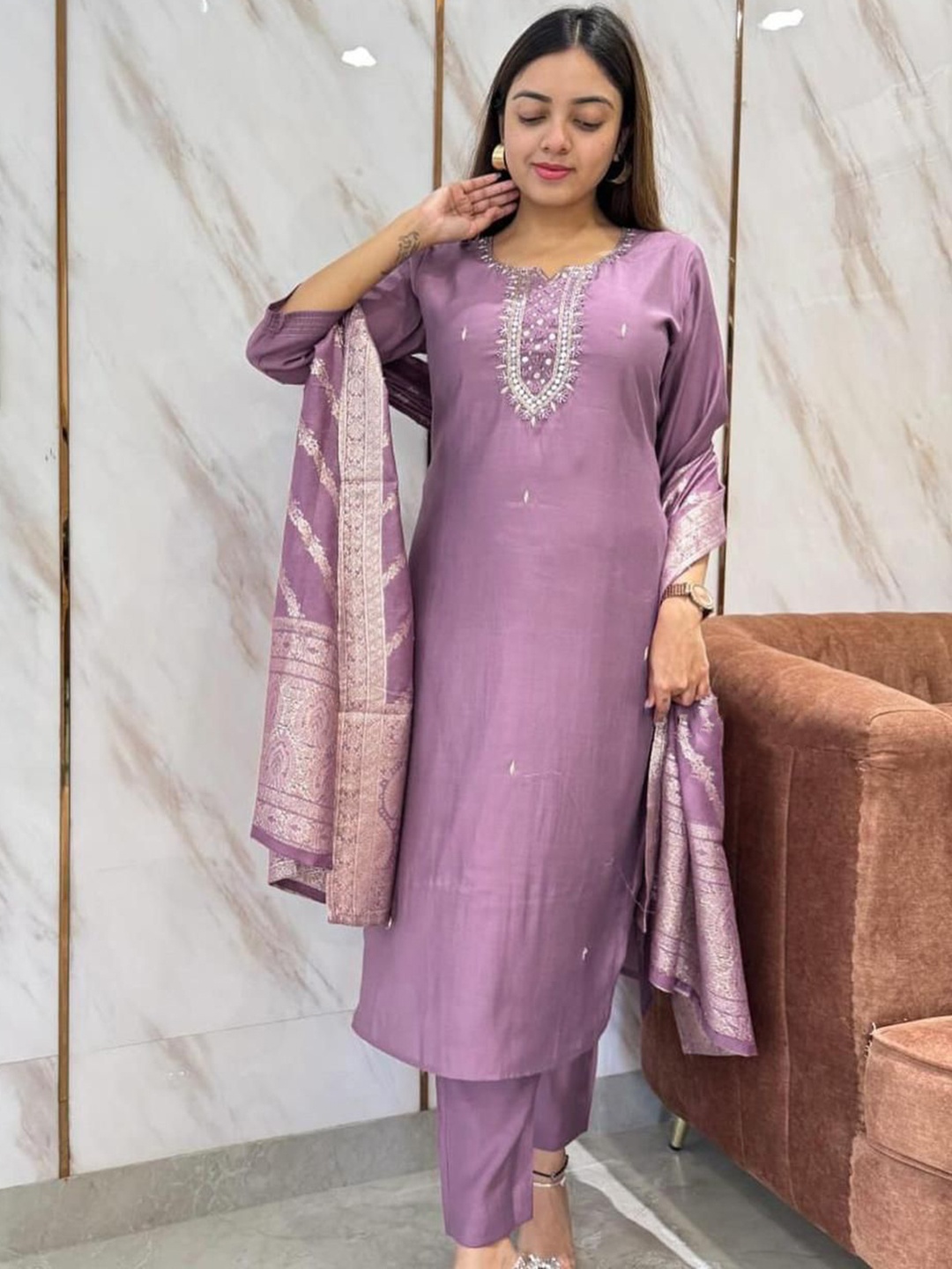 Anni Designer Yoke Mirror Work Notch Neck Straight Kurta With Trouser And Dupatta, Purple
Anni Designer Yoke Mirror Work Notch Neck Straight Kurta With Trouser And Dupatta, Purple