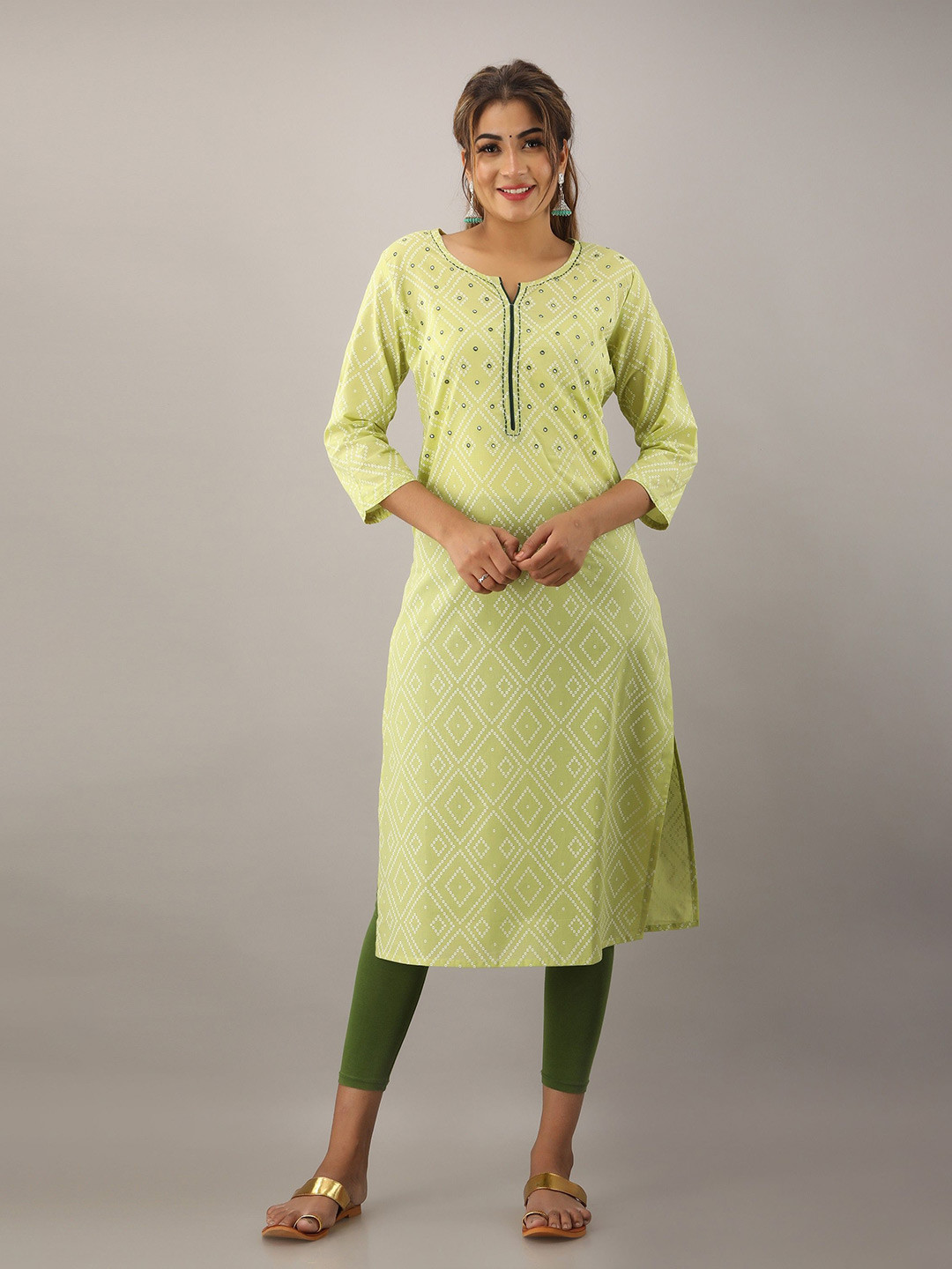 SHAGUNA'S Bandhani Printed Notch Neck Mirror Work Pure Cotton Straight Kurta, Lime green
SHAGUNA'S Bandhani Printed Notch Neck Mirror Work Pure Cotton Straight Kurta, Lime green