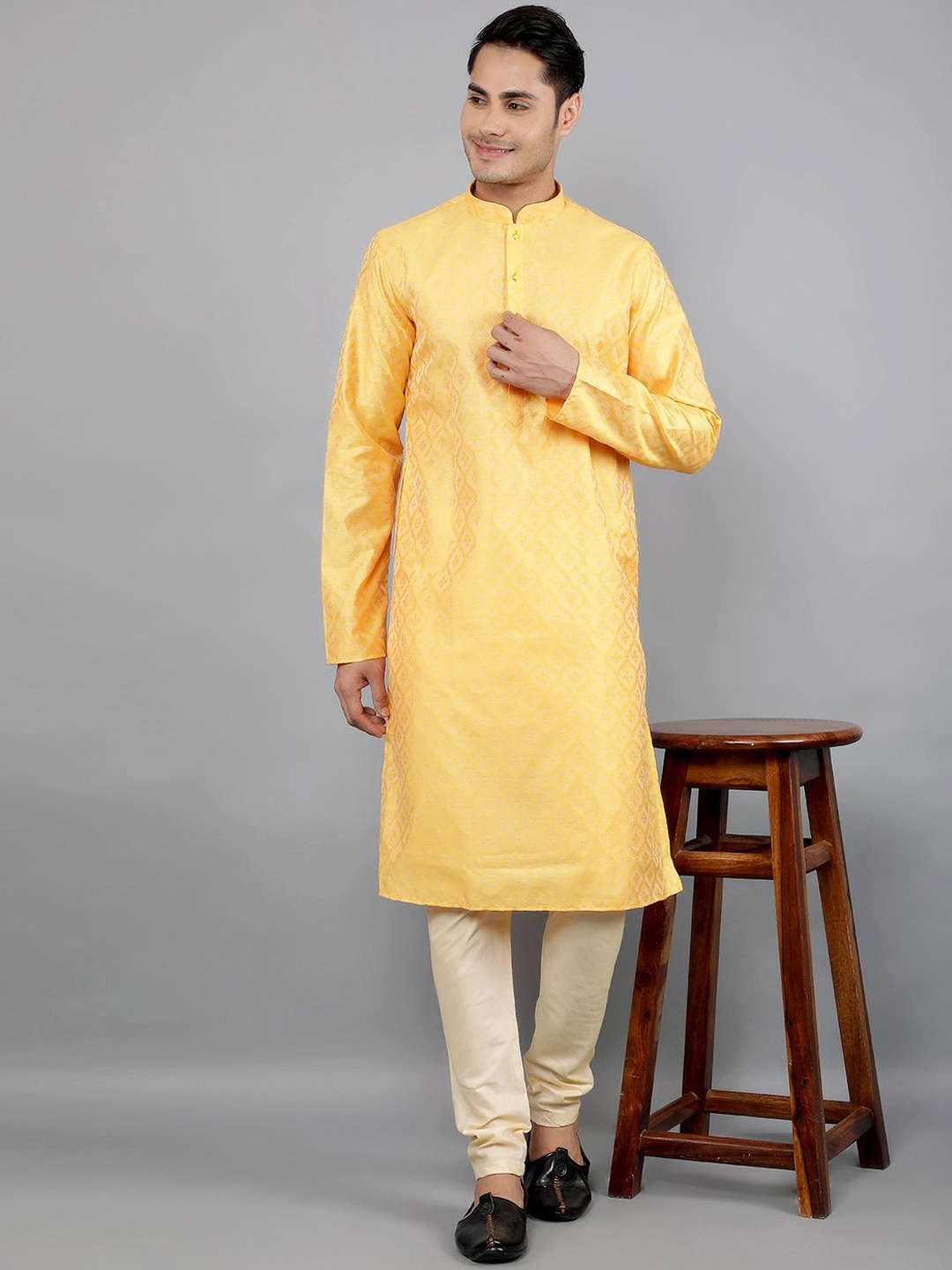 Manish Creations Floral Woven Design Mandarin Collar Jacquard Straight Kurta With Churidar, Yellow
Manish Creations Floral Woven Design Mandarin Collar Jacquard Straight Kurta With Churidar, Yellow