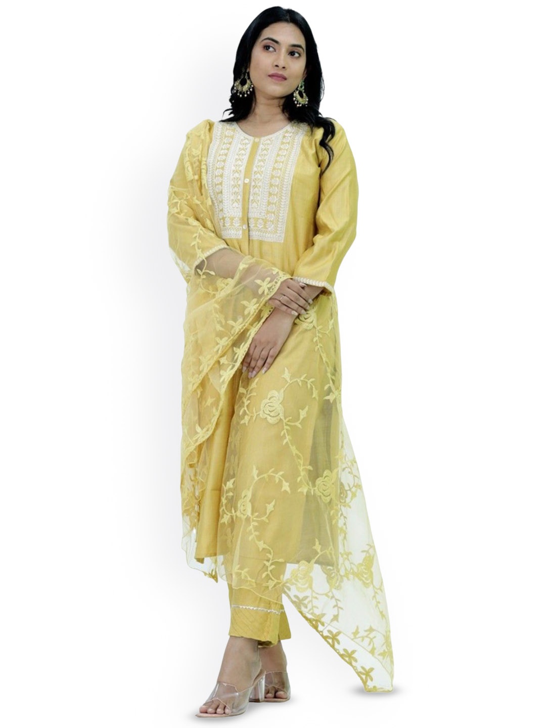 Silselah Floral Yoke Design Thread Work Straight Kurta With Trousers And Dupatta, Yellow
Silselah Floral Yoke Design Thread Work Straight Kurta With Trousers And Dupatta, Yellow