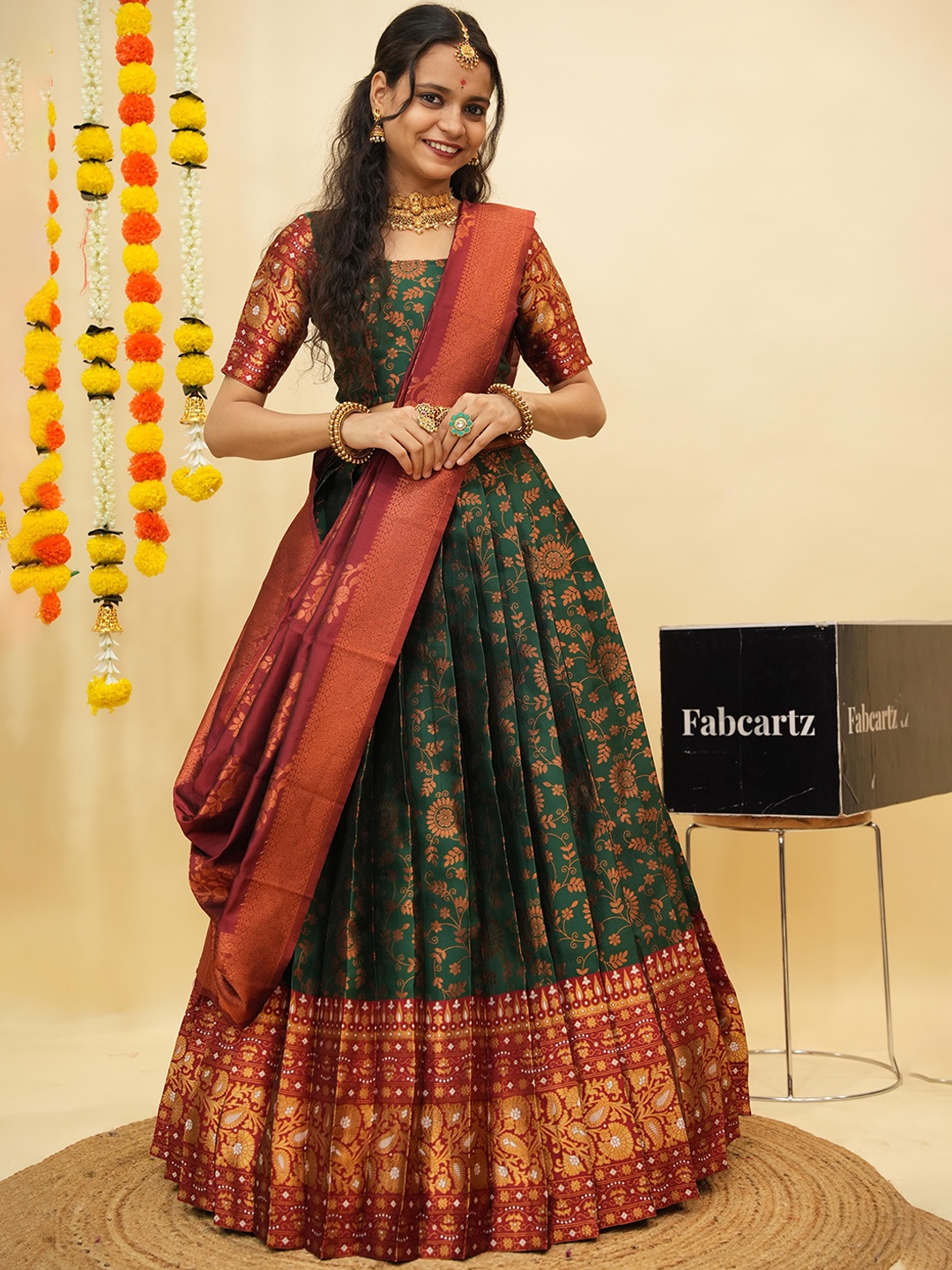 Fabcartz Woven Design Zari Semi-Stitched Lehenga & Unstitched Blouse With Dupatta, Green
Fabcartz Woven Design Zari Semi-Stitched Lehenga & Unstitched Blouse With Dupatta, Green
