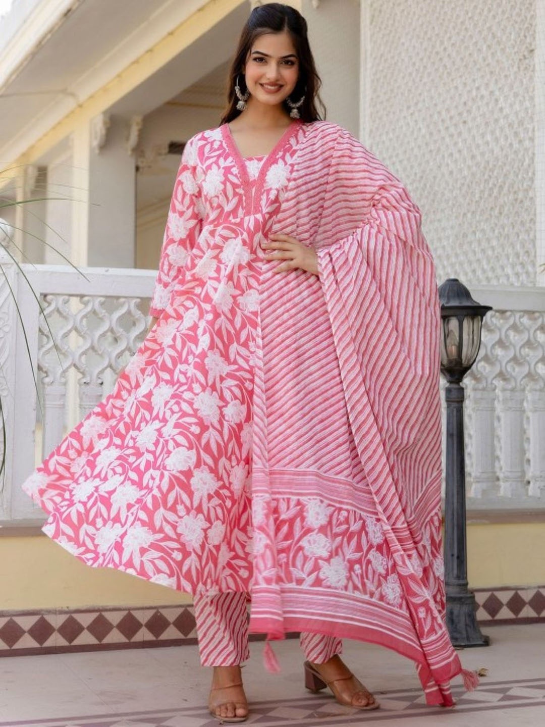 GEKHA Floral Printed V-Neck Pure Cotton Anarkali Kurta With Trousers And Dupatta, Pink
GEKHA Floral Printed V-Neck Pure Cotton Anarkali Kurta With Trousers And Dupatta, Pink