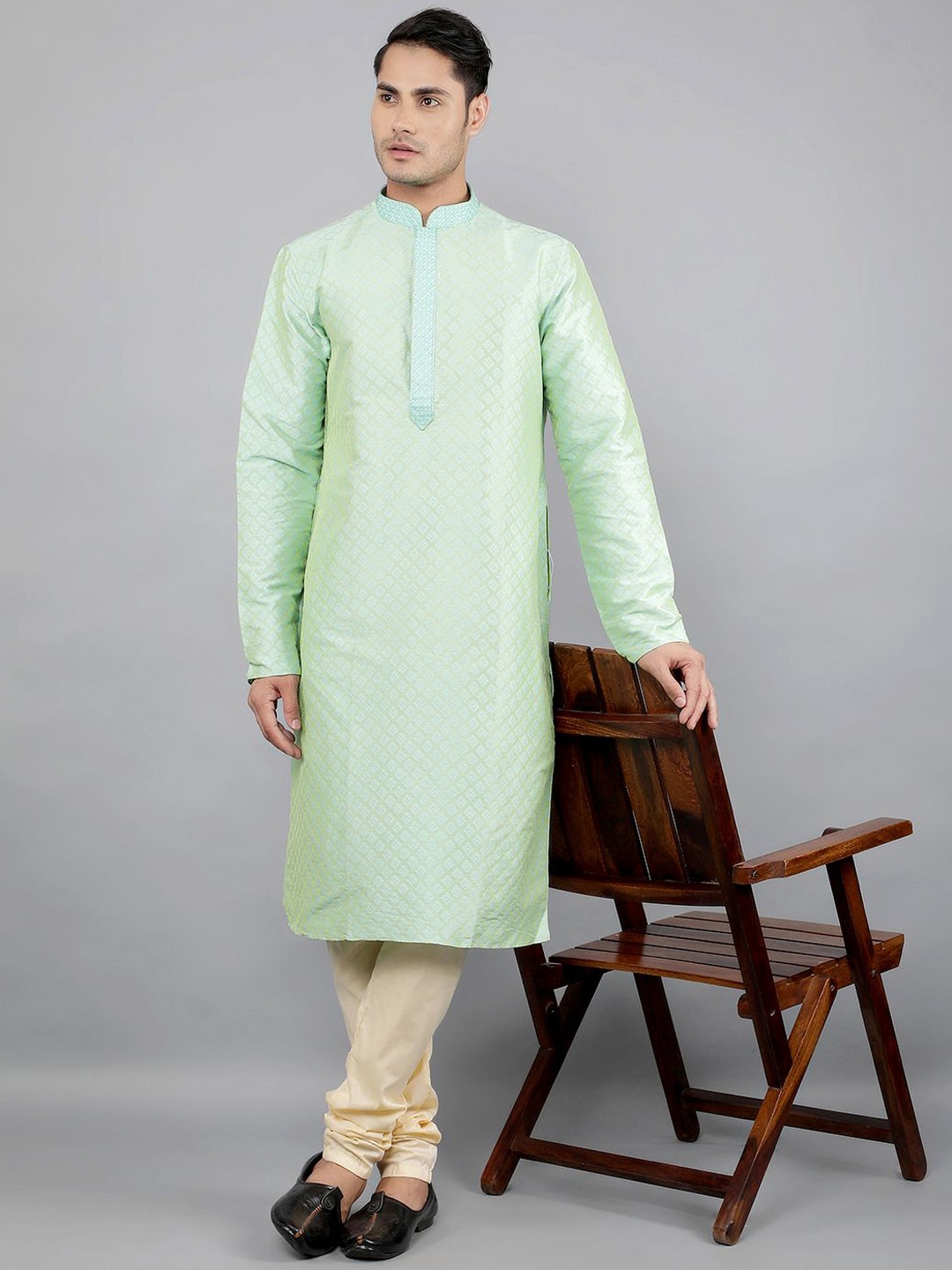 Manish Creations Floral Woven Design Mandarin Collar Jacquard Straight Kurta With Churidar, Green
Manish Creations Floral Woven Design Mandarin Collar Jacquard Straight Kurta With Churidar, Green