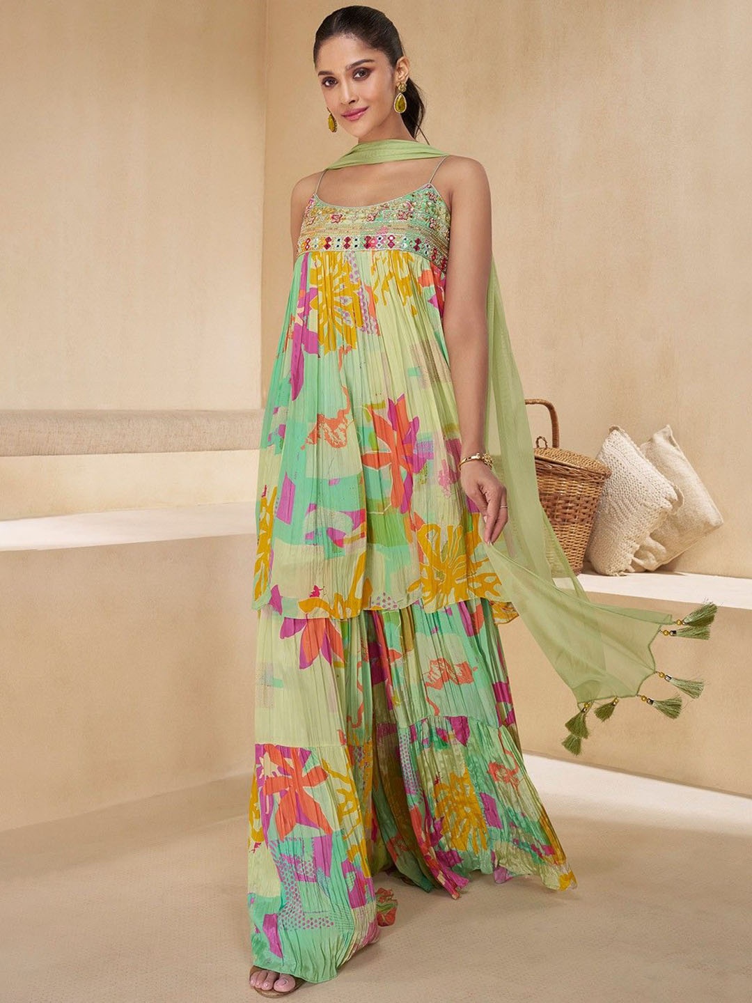 Panash India Floral Printed Pleated Mirror Work A-Line Kurta With Palazzos & Dupatta, Green
Panash India Floral Printed Pleated Mirror Work A-Line Kurta With Palazzos & Dupatta, Green