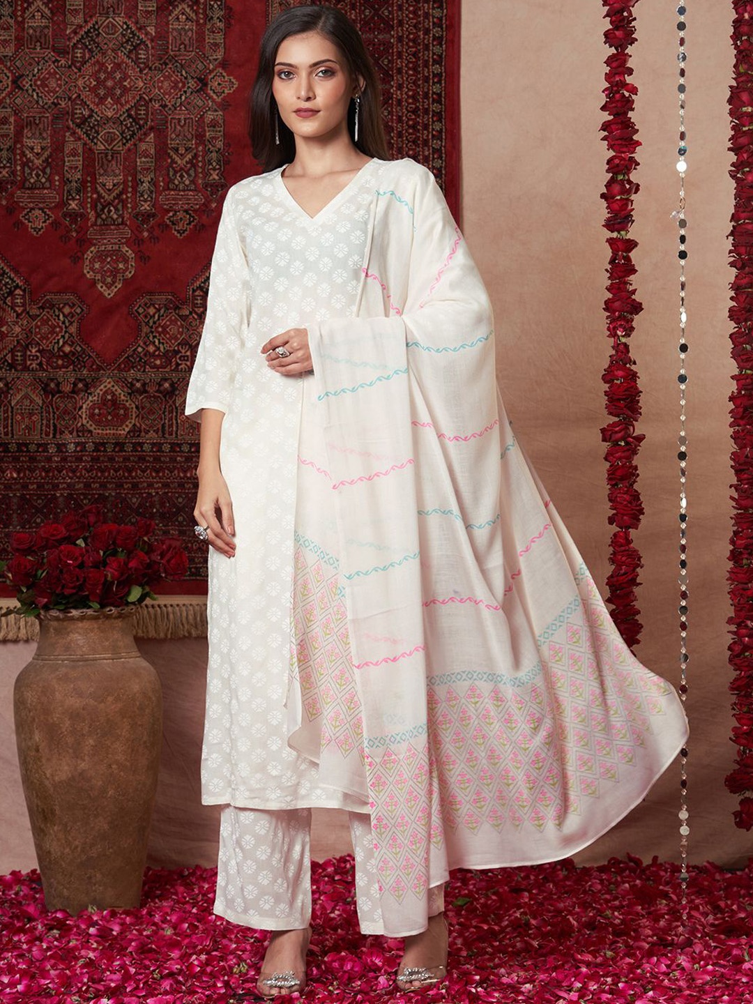 Anni Designer Floral Printed V-Neck Straight Kurta With Palazzos And Dupatta, White
Anni Designer Floral Printed V-Neck Straight Kurta With Palazzos And Dupatta, White