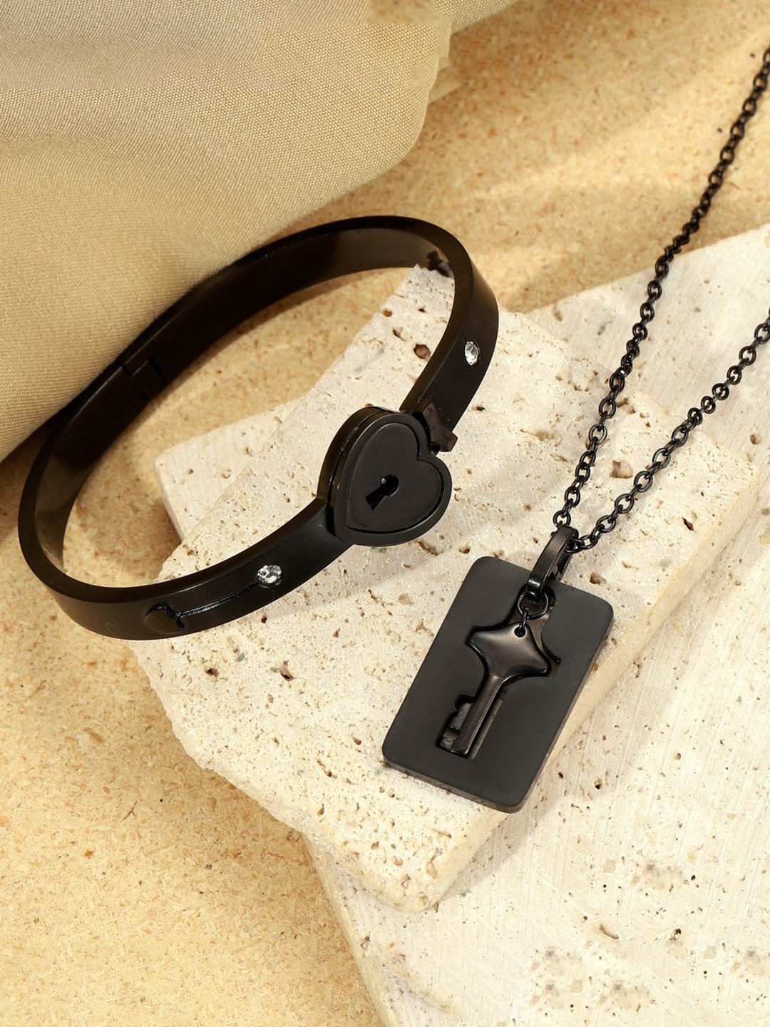 SALTY Stainless Steel Black Lock And Key Love Bracelet And Necklace Set For Women & Girls
SALTY Stainless Steel Black Lock And Key Love Bracelet And Necklace Set For Women & Girls