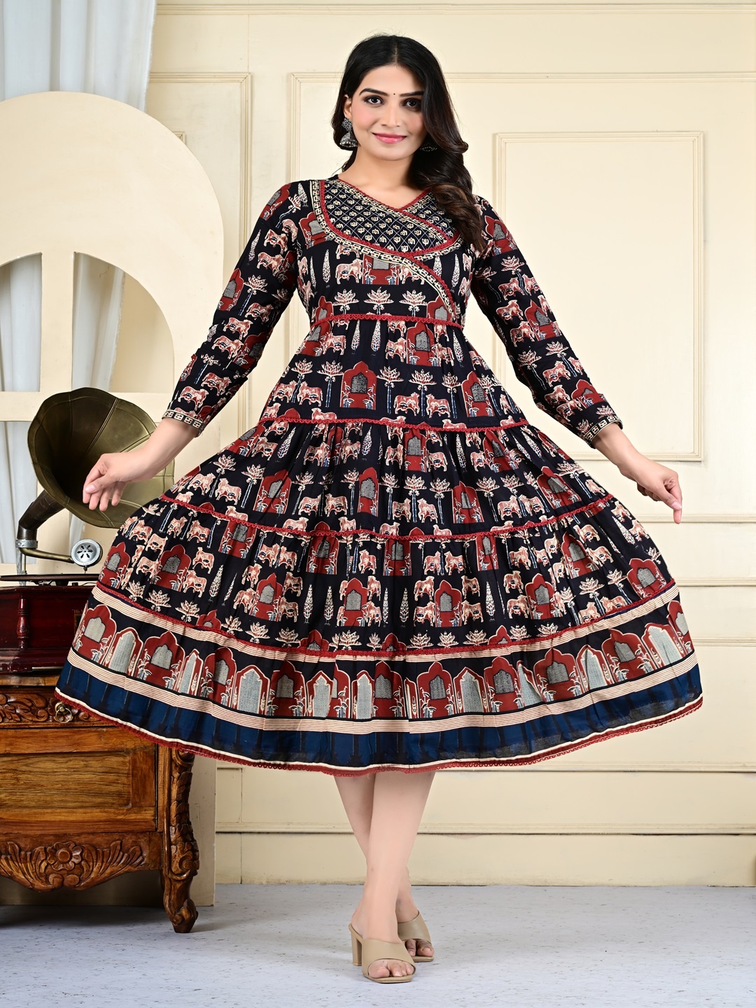 Divsy Fashion Ethnic Motifs Printed V-Neck Pure Cotton Fit And Flare Ethnic Dress, Black
Divsy Fashion Ethnic Motifs Printed V-Neck Pure Cotton Fit And Flare Ethnic Dress, Black