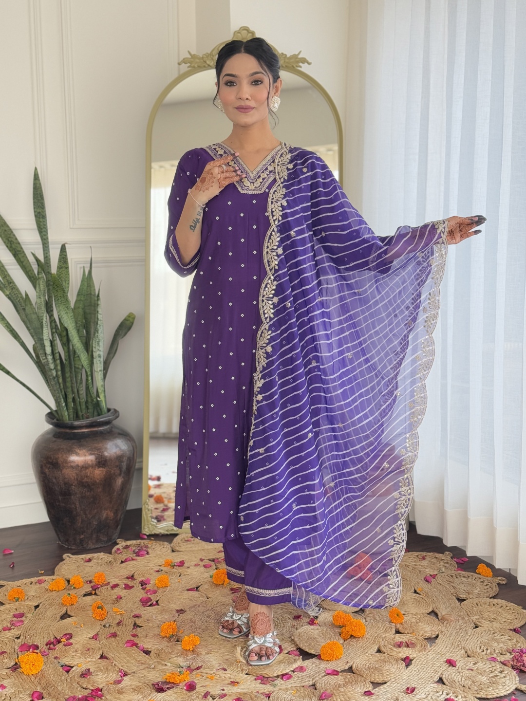 KALINI Bandhani Printed V-Neck Thread Work Chanderi Silk Kurta With Trousers And Dupatta, Violet
KALINI Bandhani Printed V-Neck Thread Work Chanderi Silk Kurta With Trousers And Dupatta, Violet