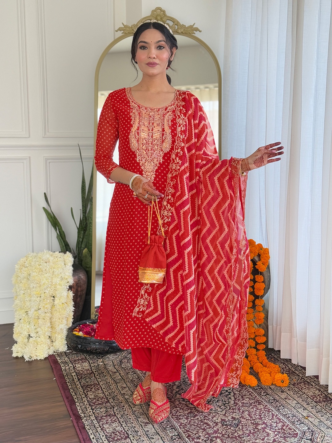 KALINI Bandhani Zari Embroidered Round Neck Straight Kurta With Trousers & Dupatta, Red
KALINI Bandhani Zari Embroidered Round Neck Straight Kurta With Trousers & Dupatta, Red