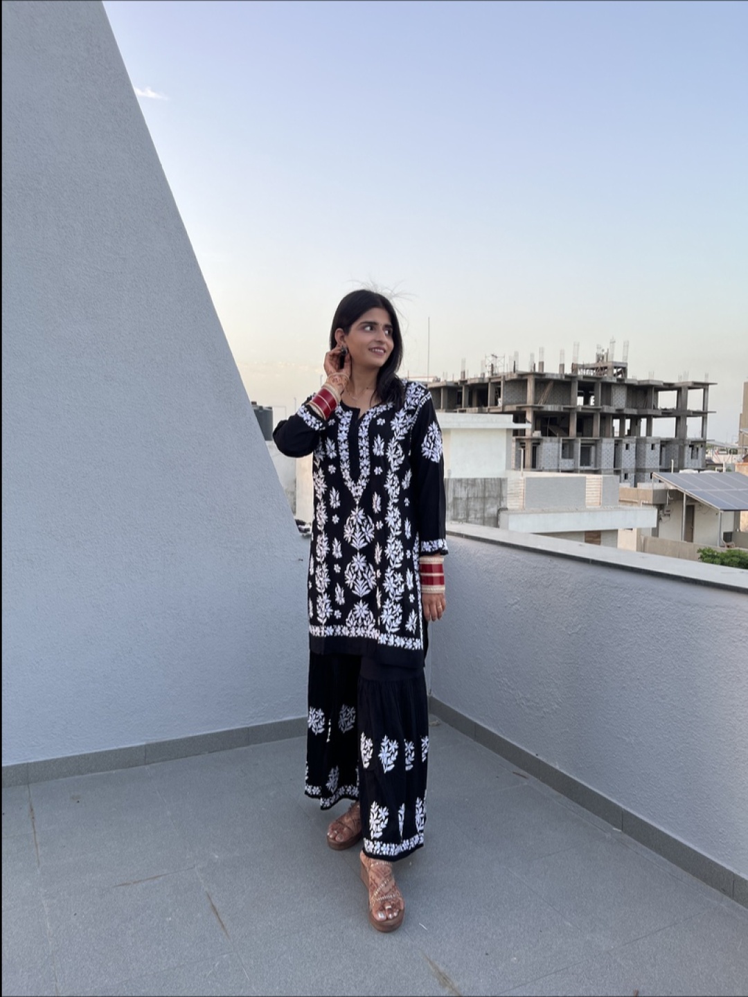 Everything In Floral Embroidered Chikankari Notch Neck Straight Kurta With Sharara, Black
Everything In Floral Embroidered Chikankari Notch Neck Straight Kurta With Sharara, Black