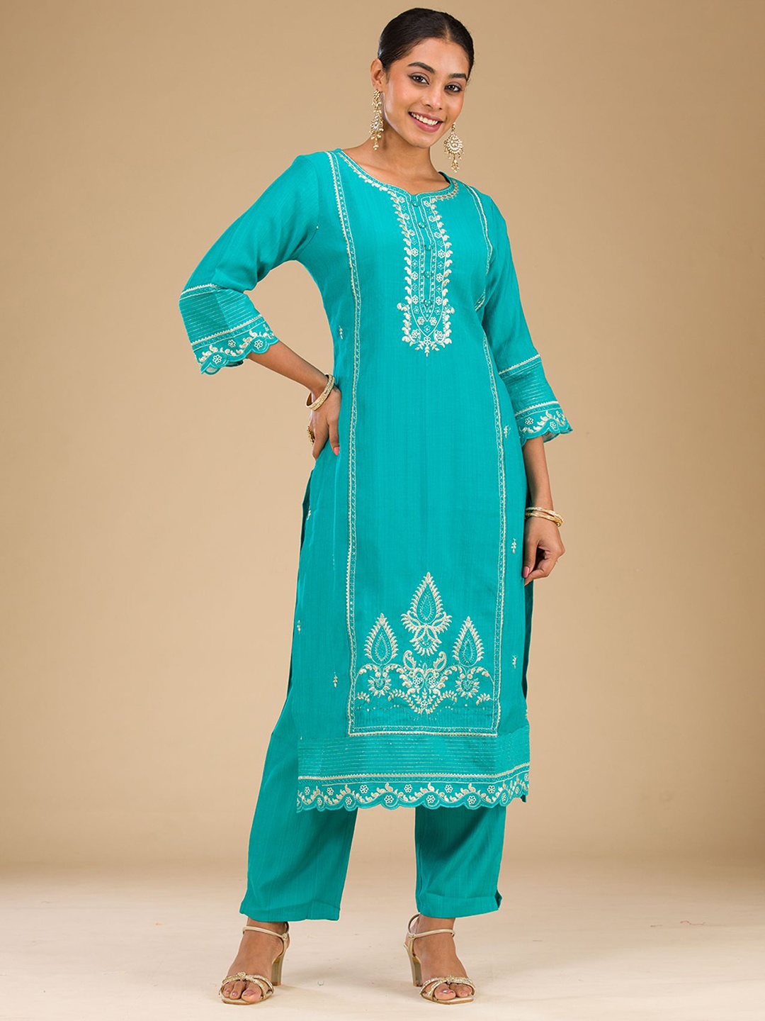 Koskii Floral Embroidered Thread Work Raw Silk Straight Kurta with Trousers & Dupatta, Sea green
Koskii Floral Embroidered Thread Work Raw Silk Straight Kurta with Trousers & Dupatta, Sea green