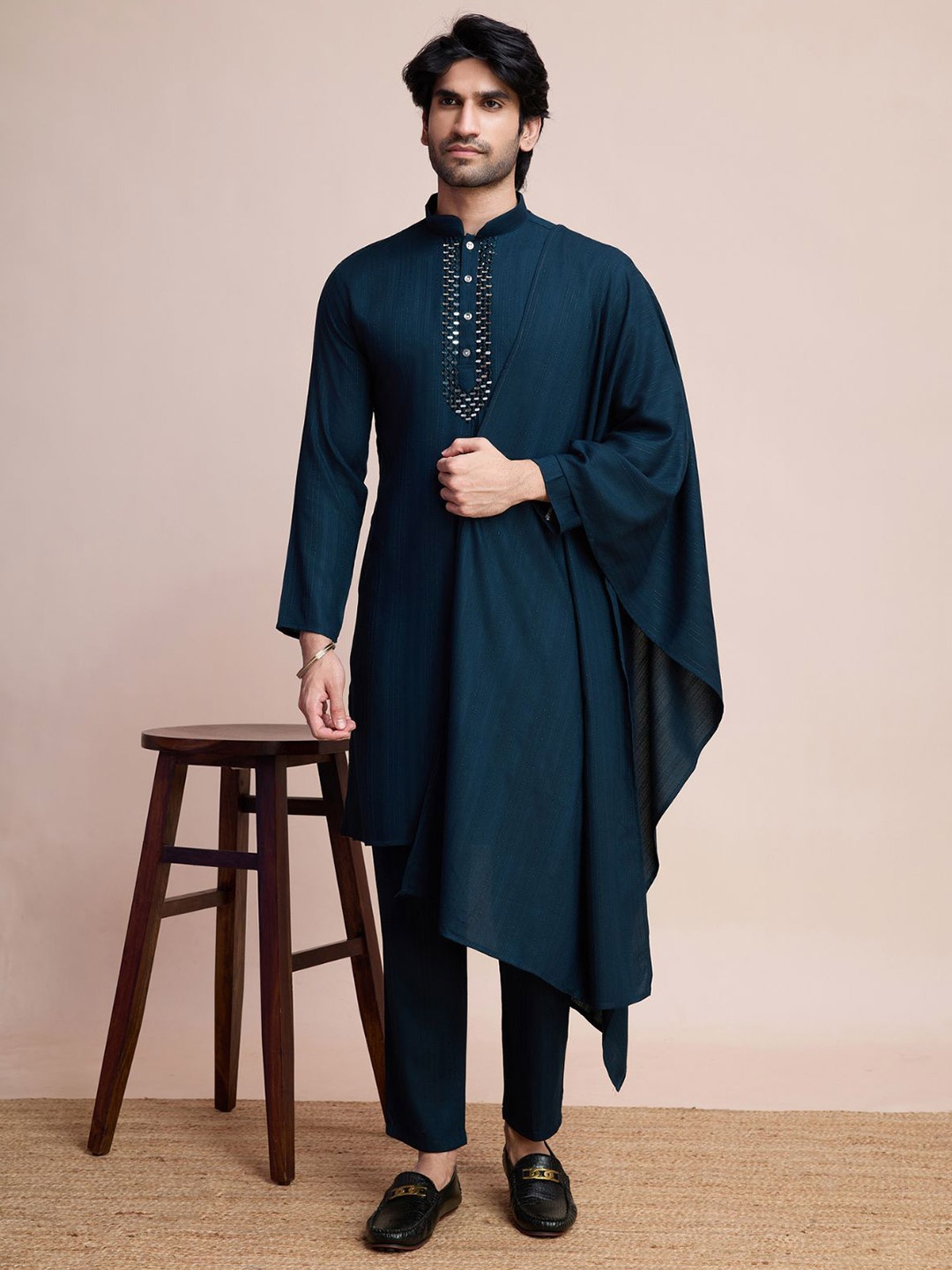 ODETTE Striped Embroidered Mandarin Collar Mirror Work Kurta With Trousers & Dupatta, Blue
ODETTE Striped Embroidered Mandarin Collar Mirror Work Kurta With Trousers & Dupatta, Blue