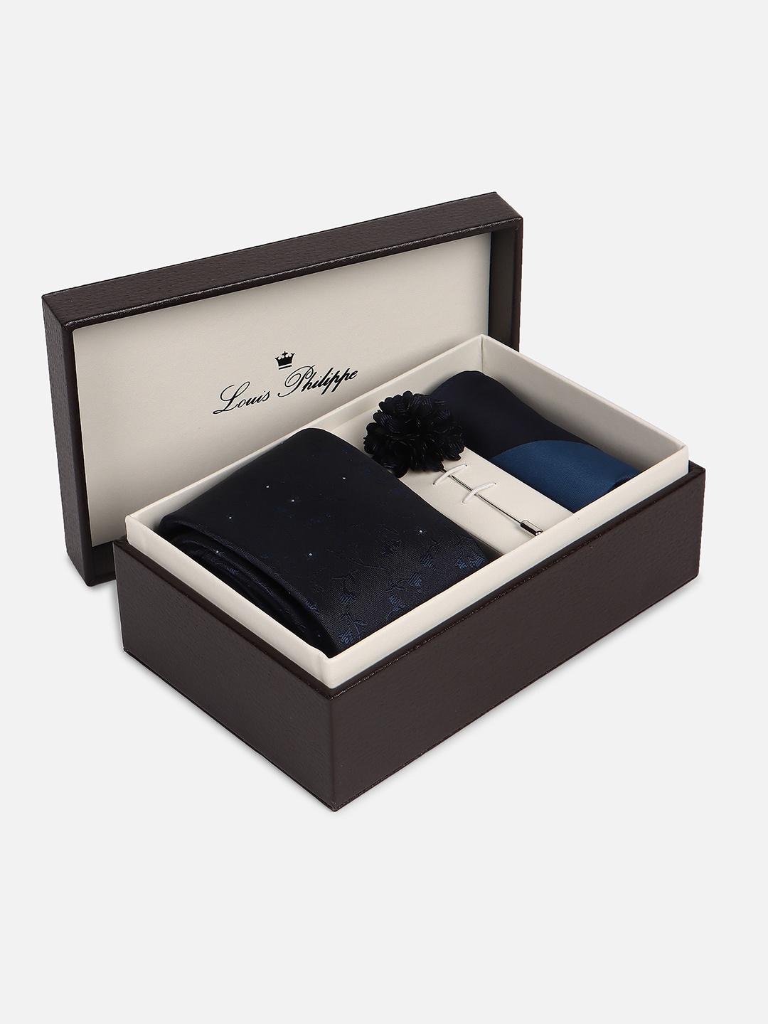 Louis Philippe Men Print Tie Pocket Square And Lapel Pin Accessory Gift Set, Navy blue
Louis Philippe Men Print Tie Pocket Square And Lapel Pin Accessory Gift Set, Navy blue