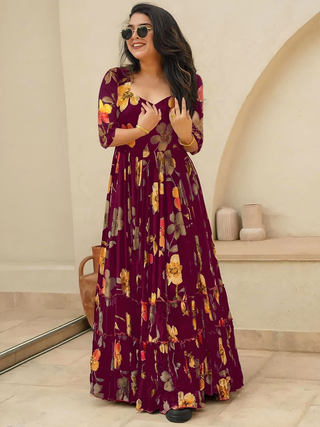 KHODALCREATIN Floral Printed Sweetheart Neck Tiered Maxi Fit and Flare Ethnic Dress, Maroon
KHODALCREATIN Floral Printed Sweetheart Neck Tiered Maxi Fit and Flare Ethnic Dress, Maroon