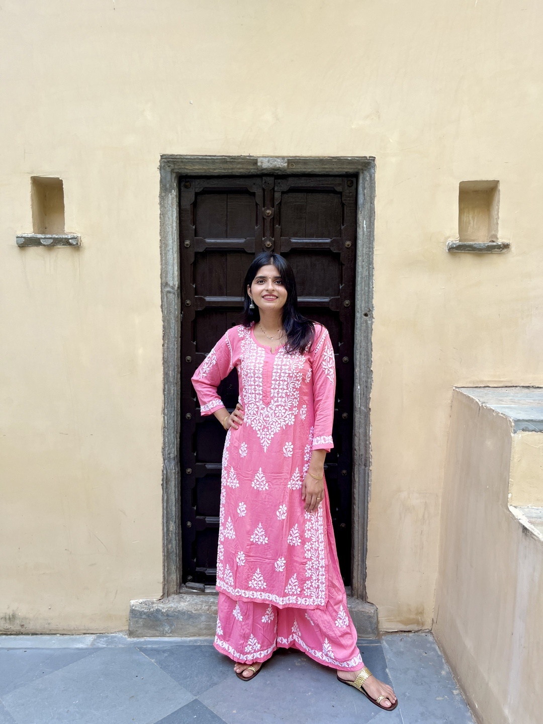 Everything In Floral Embroidered Chikankari Notch Neck Straight Kurta With Palazzos, Pink
Everything In Floral Embroidered Chikankari Notch Neck Straight Kurta With Palazzos, Pink
