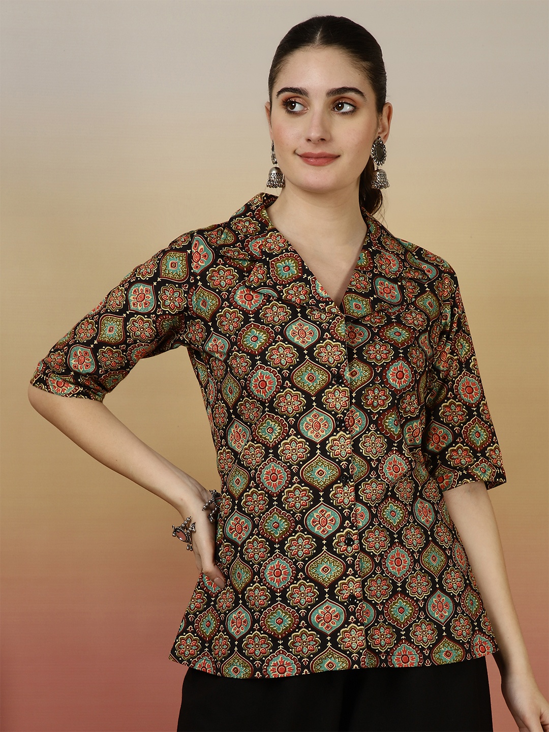 NISHABD Women Cuban Collar Geometric Printed Block Print Cotton A-Line Top, Black
NISHABD Women Cuban Collar Geometric Printed Block Print Cotton A-Line Top, Black