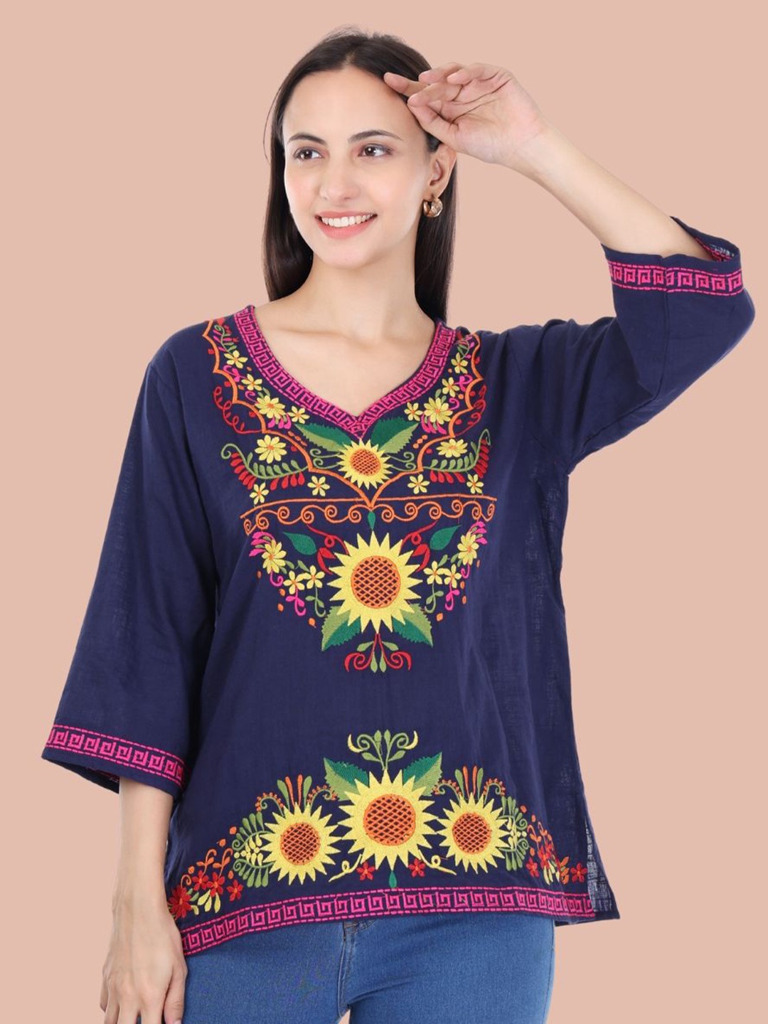 Moda Rapido Women Floral Embroidered Flared Sleeves Pure Cotton Kurti, Navy blue
Moda Rapido Women Floral Embroidered Flared Sleeves Pure Cotton Kurti, Navy blue