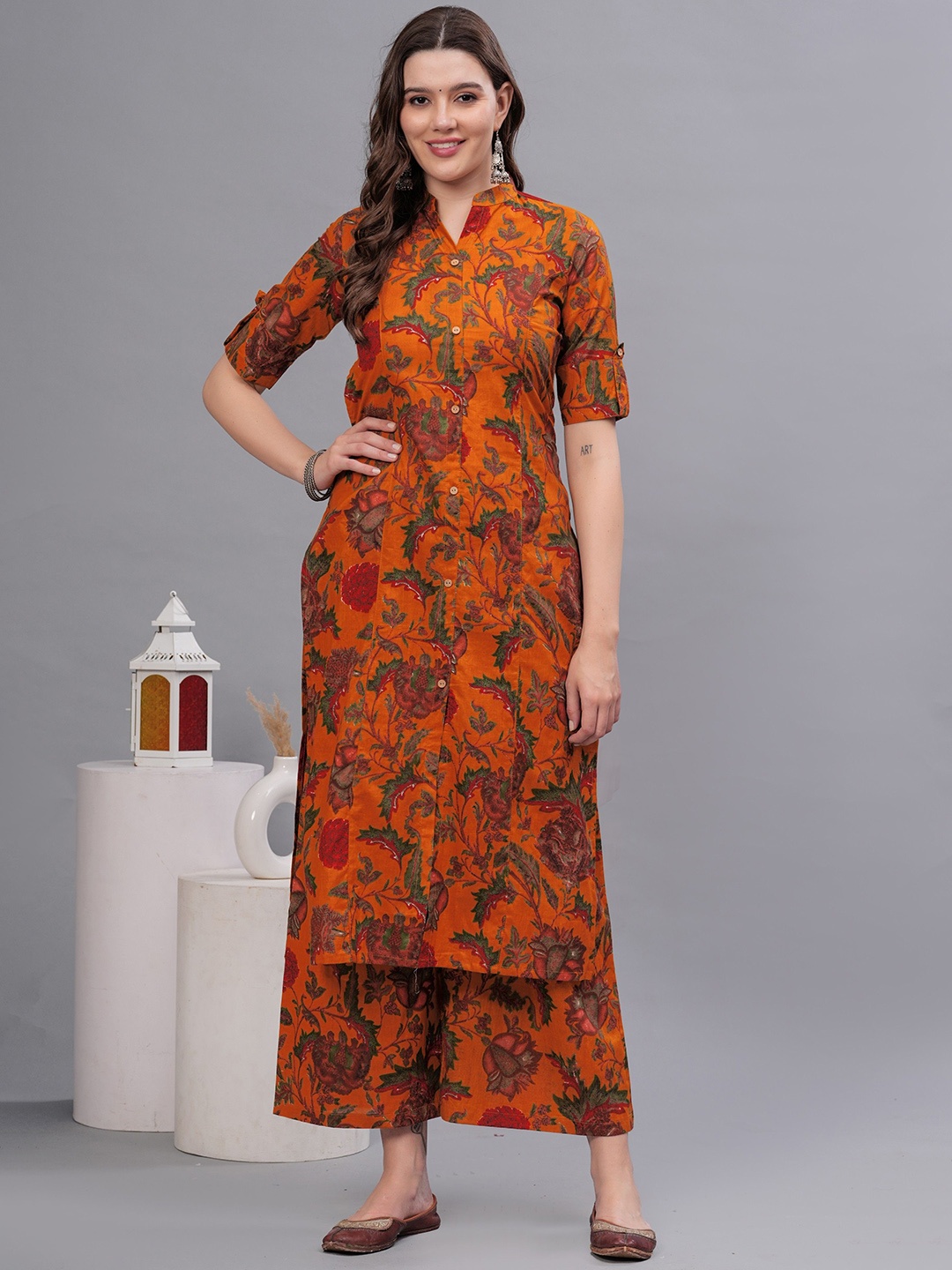 NYPA Floral Printed Mandarin Collar Pure Cotton A-Line Kurta With Palazzos, Orange
NYPA Floral Printed Mandarin Collar Pure Cotton A-Line Kurta With Palazzos, Orange