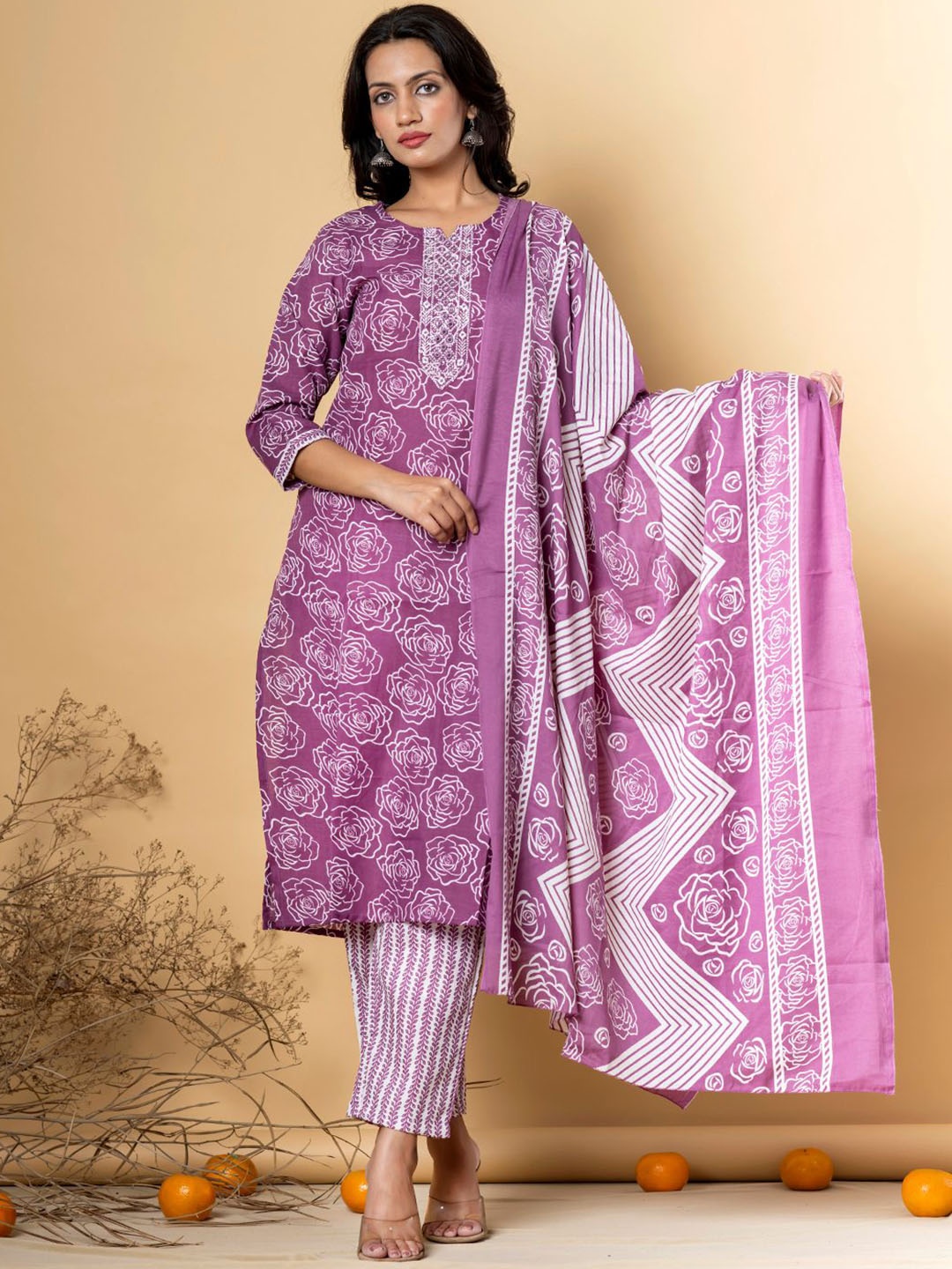 Readiprint Fashions Floral Printed Notch Neck Straight Kurta With Trousers & Dupatta, Purple
Readiprint Fashions Floral Printed Notch Neck Straight Kurta With Trousers & Dupatta, Purple