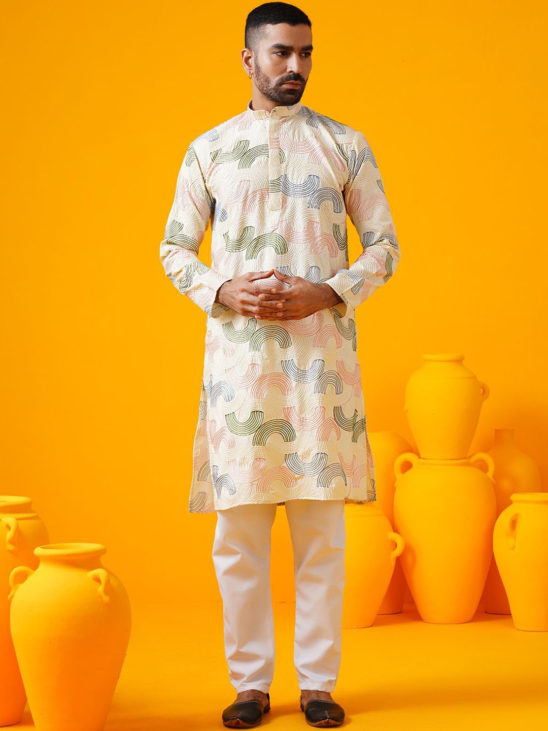 SOJANYA Geometric Embroidered Mandarin Collar Thread Work Cotton Silk Straight Kurtas, Cream
SOJANYA Geometric Embroidered Mandarin Collar Thread Work Cotton Silk Straight Kurtas, Cream