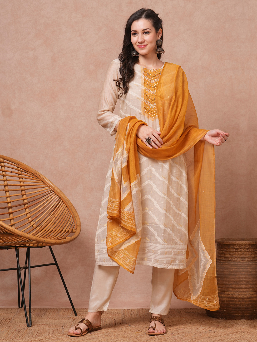 FASHOR Women Embroidered Regular Sequinned Kurta with Trousers & With Dupatta, Beige
FASHOR Women Embroidered Regular Sequinned Kurta with Trousers & With Dupatta, Beige