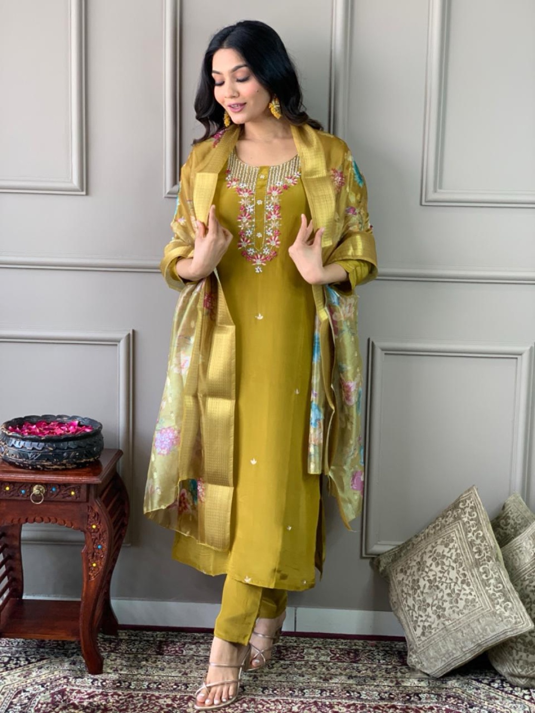 Kurti Culture Floral Embroidered Chanderi Silk Kurta with Trousers & With Dupatta, Mustard
Kurti Culture Floral Embroidered Chanderi Silk Kurta with Trousers & With Dupatta, Mustard