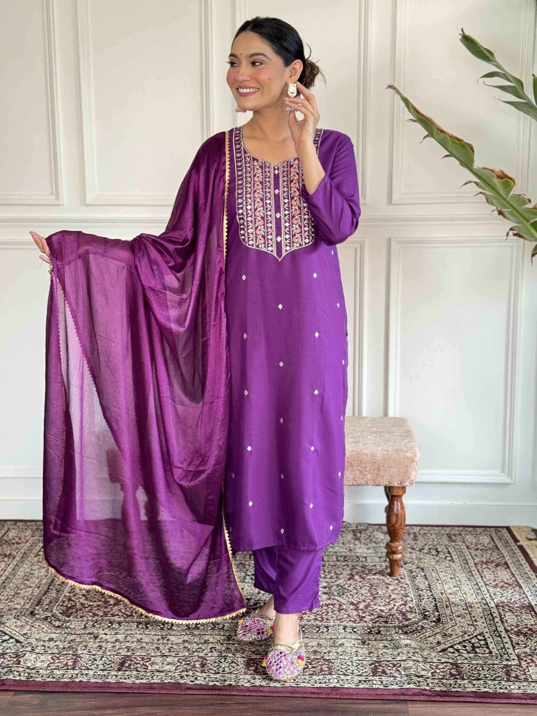 Kurti Culture Floral Embroidered Sweetheart Neck Kurta With Trousers And Dupatta, Purple
Kurti Culture Floral Embroidered Sweetheart Neck Kurta With Trousers And Dupatta, Purple