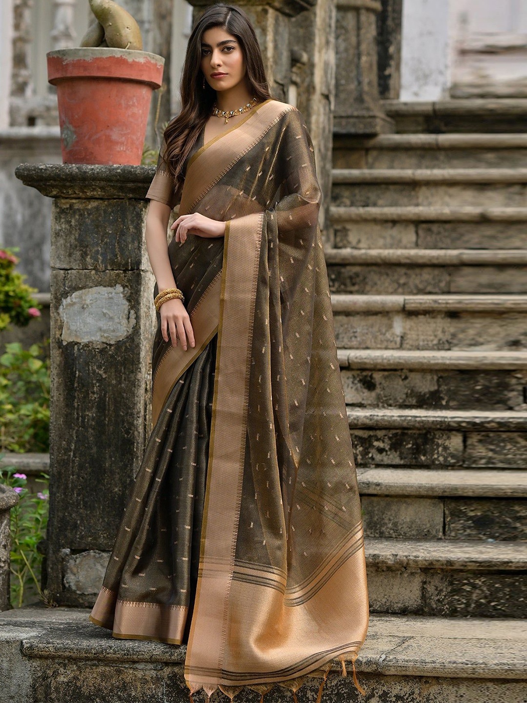 VISHNU WEAVES Tortilla Coffee Woven Design Linen Silk Zari Butti Weaves Saree, Brown
VISHNU WEAVES Tortilla Coffee Woven Design Linen Silk Zari Butti Weaves Saree, Brown