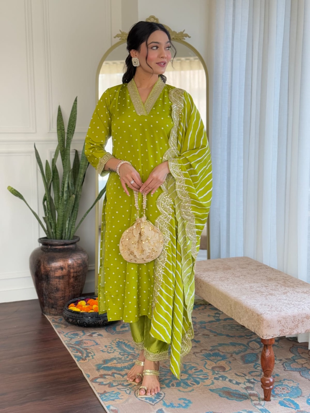 KALINI Women Bandhani Embroidered Regular Sequinned Kurta with Trousers & With Dupatta, Lime green
KALINI Women Bandhani Embroidered Regular Sequinned Kurta with Trousers & With Dupatta, Lime green