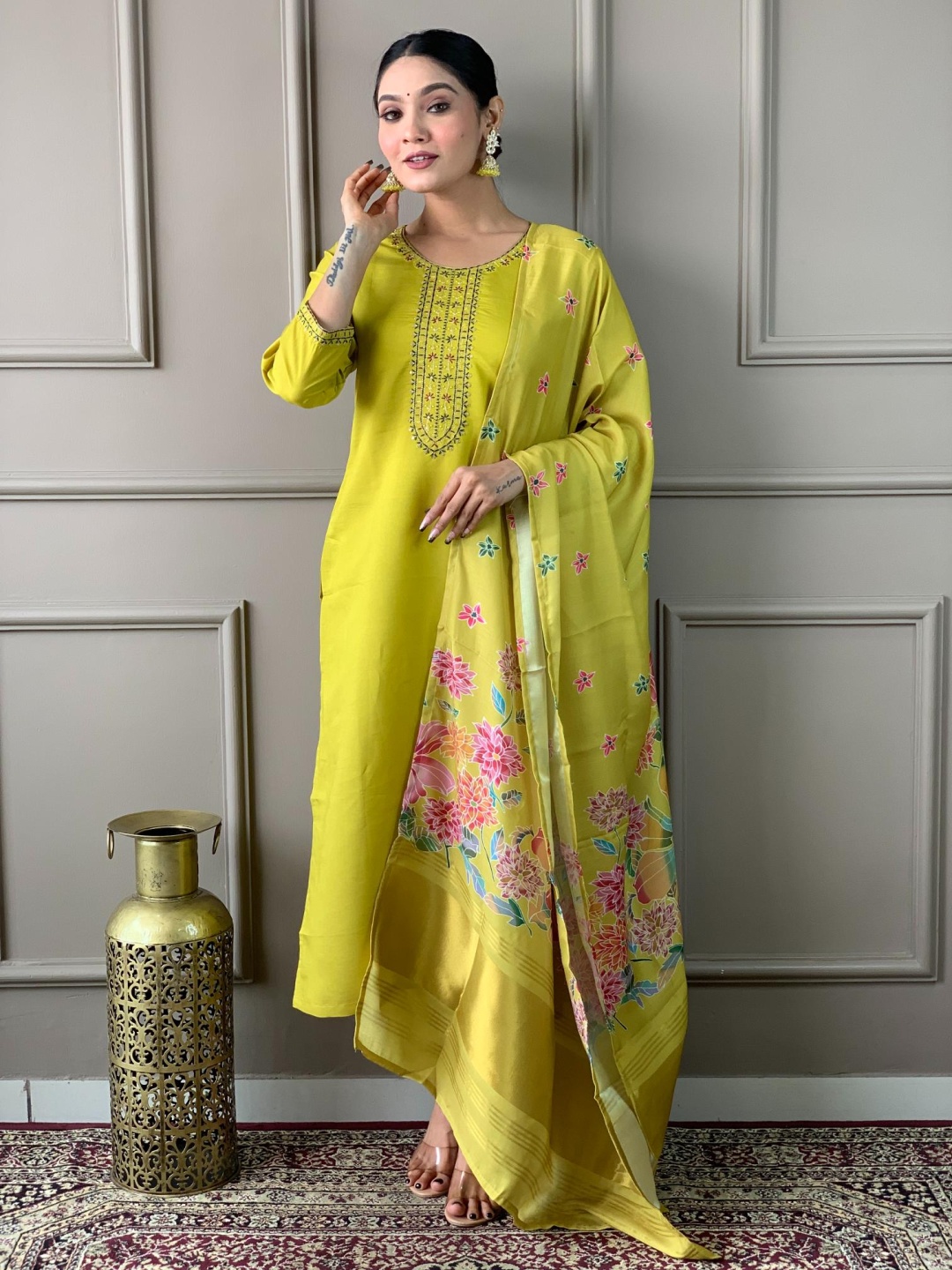 Moda Rapido Lime Green Floral Yoke Design Straight Kurta With Trousers And Dupatta
Moda Rapido Lime Green Floral Yoke Design Straight Kurta With Trousers And Dupatta