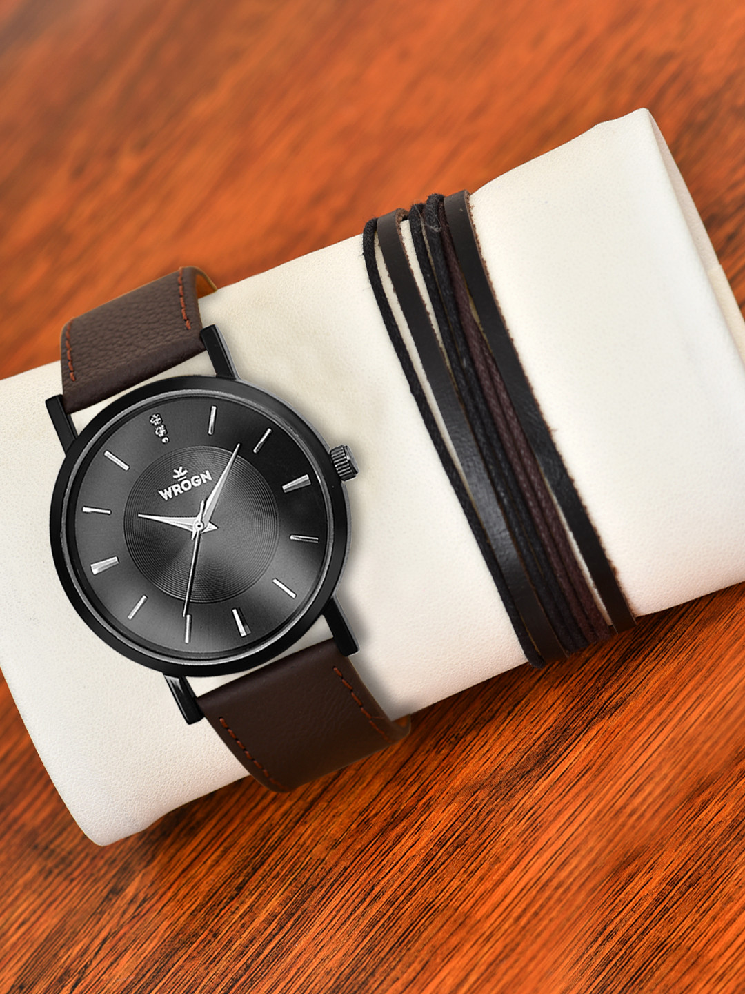 WROGN Men Analog Watch & Leather Bracelet Gift Set, Black 
WROGN Men Analog Watch & Leather Bracelet Gift Set, Black