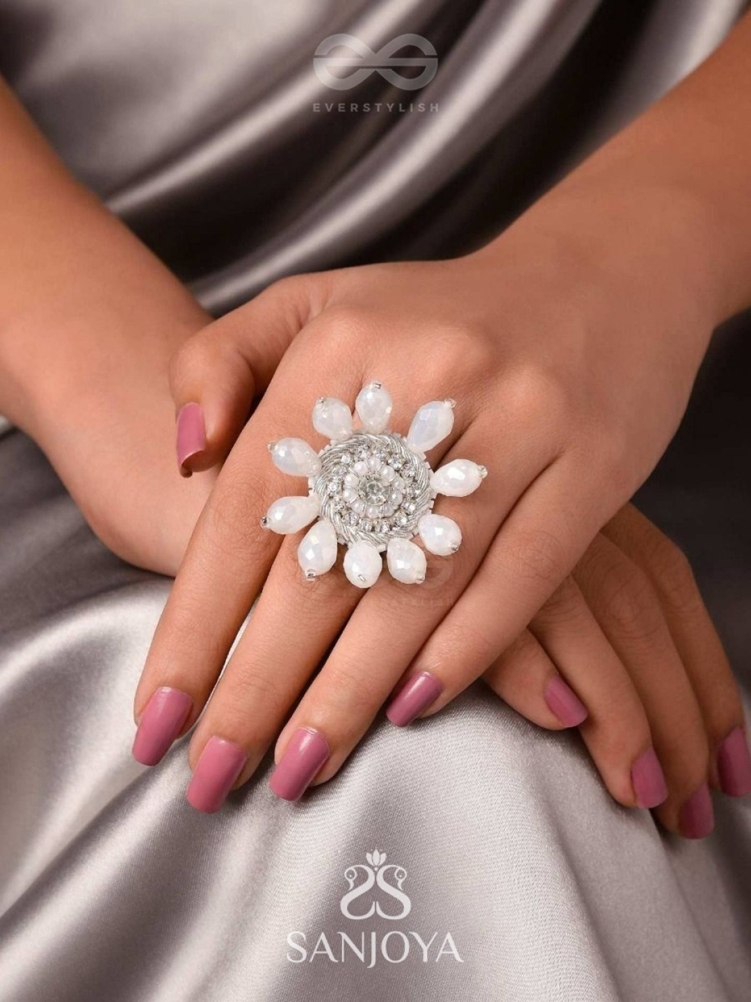 EVERSTYLISH Sanjoya Stone, Beads & Glass Drops Embroidered Adjustable Finger Ring, White
EVERSTYLISH Sanjoya Stone, Beads & Glass Drops Embroidered Adjustable Finger Ring, White