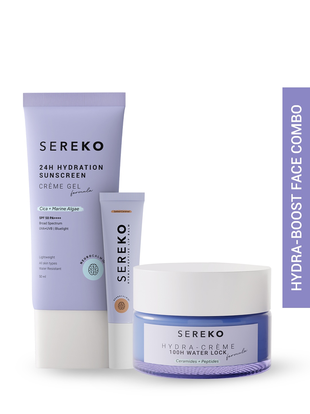 SEREKO Set Of 3 Sunscreen- 50 ml- Hydra-crme- 40 ml & Lip Balm 8 g- Salted Caramel, Purple
SEREKO Set Of 3 Sunscreen- 50 ml- Hydra-crme- 40 ml & Lip Balm 8 g- Salted Caramel, Purple