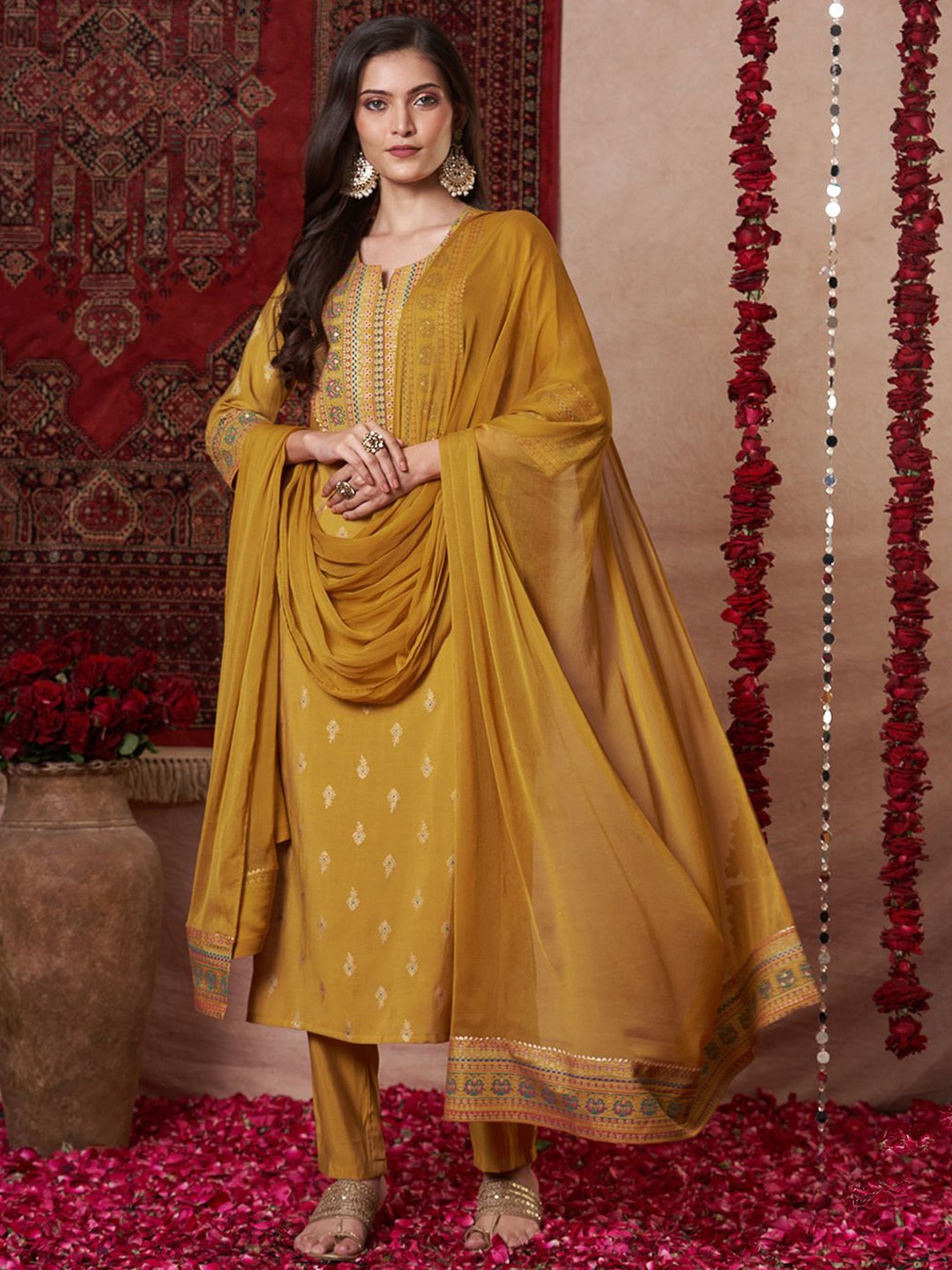 Anni Designer Floral Embroidered Round Neck Straight Kurta with Trousers & Dupatta, Mustard
Anni Designer Floral Embroidered Round Neck Straight Kurta with Trousers & Dupatta, Mustard
