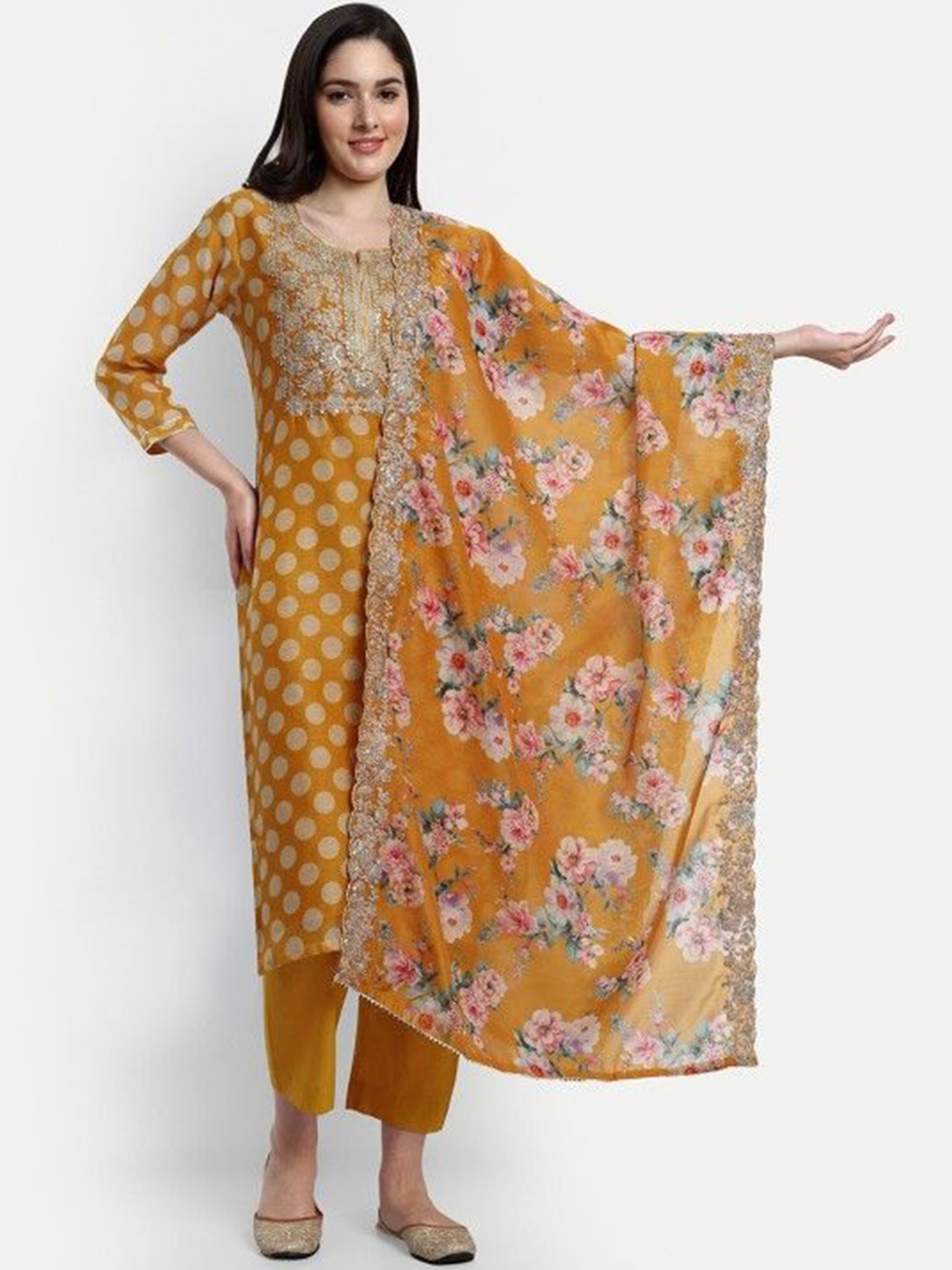 Moda Rapido Women Floral Printed Regular Chanderi Cotton Kurta with Trousers & With Dupatta, Yellow
Moda Rapido Women Floral Printed Regular Chanderi Cotton Kurta with Trousers & With Dupatta, Yellow