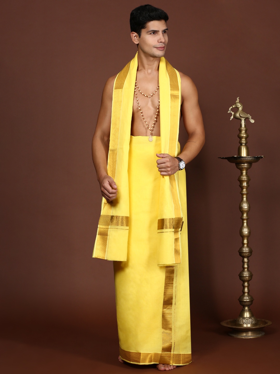Devala Weavers Society Men Cotton Double Layer Yellow Dhotis & Angavastram Set with Zari Border
Devala Weavers Society Men Cotton Double Layer Yellow Dhotis & Angavastram Set with Zari Border