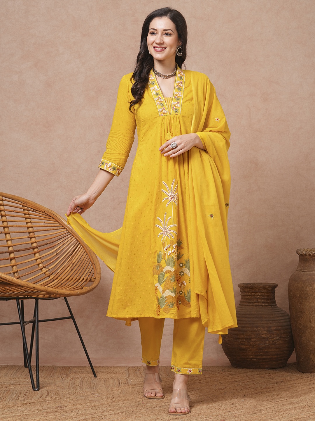 FASHOR Women Floral Embroidered Pleated Thread Work Pure Cotton Kurta with Trousers & With Dupatta, Yellow
FASHOR Women Floral Embroidered Pleated Thread Work Pure Cotton Kurta with Trousers & With Dupatta, Yellow
