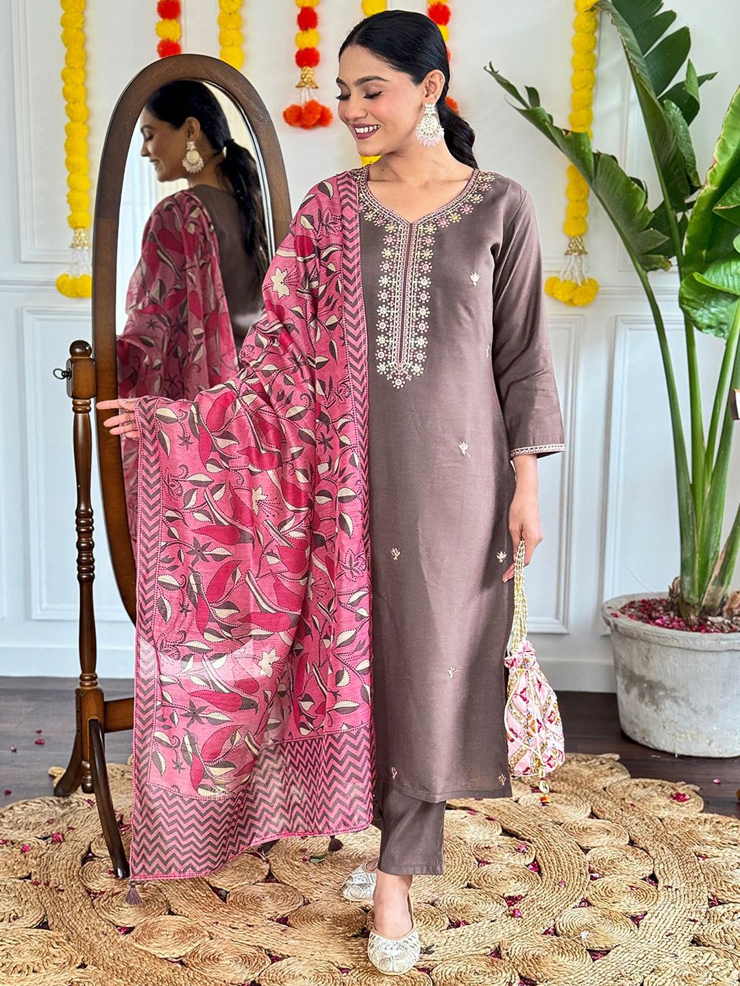 KALINI Floral Embroidered Chanderi Cotton Straight Kurta With Trouser & Dupatta, Brown
KALINI Floral Embroidered Chanderi Cotton Straight Kurta With Trouser & Dupatta, Brown