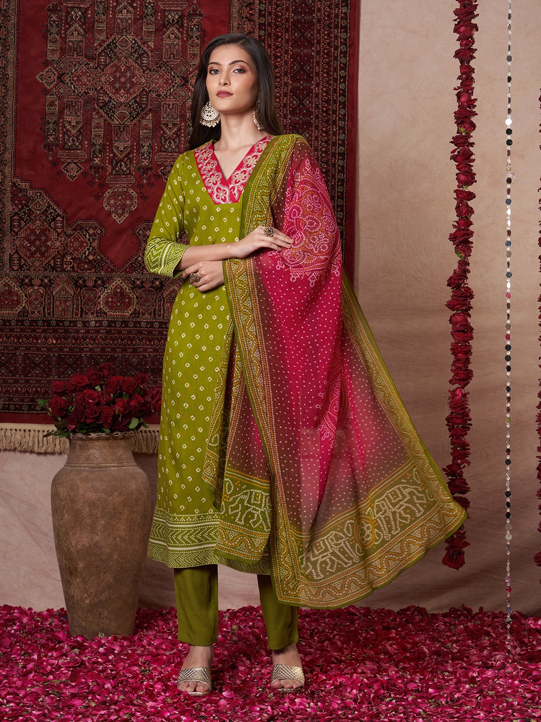 Anni Designer Bandhani Printed V-Neck Straight Kurta With Trouser And Dupatta, Green
Anni Designer Bandhani Printed V-Neck Straight Kurta With Trouser And Dupatta, Green