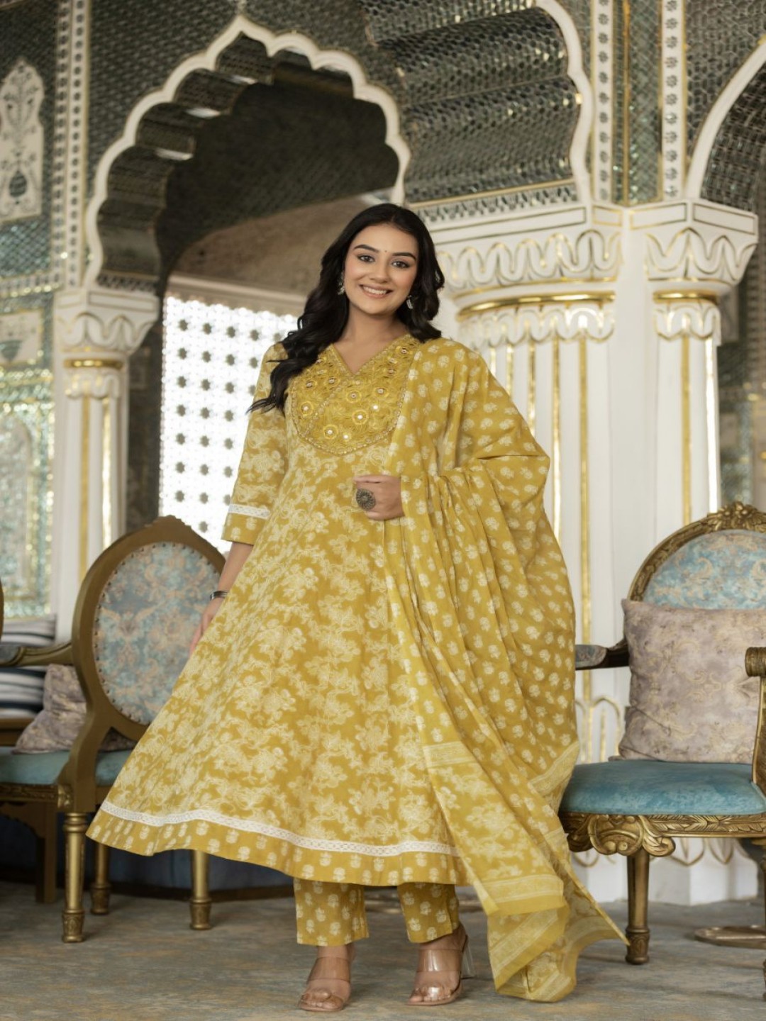AARDRAA Floral Printed Mirror Work Pure Cotton Anarkali Kurta With Trousers & Dupatta, Yellow
AARDRAA Floral Printed Mirror Work Pure Cotton Anarkali Kurta With Trousers & Dupatta, Yellow