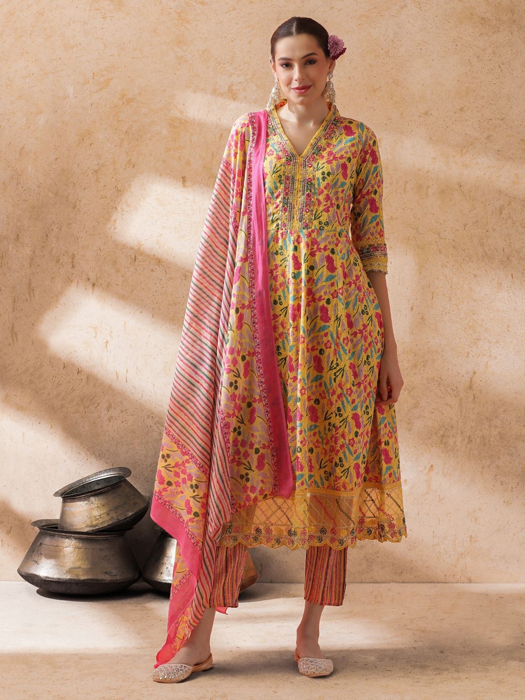 STYLEBAAZI Embroidered V-Neck Sequinned Pure Cotton Anarkali Kurta With Trouser & Dupatta, Mustard
STYLEBAAZI Embroidered V-Neck Sequinned Pure Cotton Anarkali Kurta With Trouser & Dupatta, Mustard