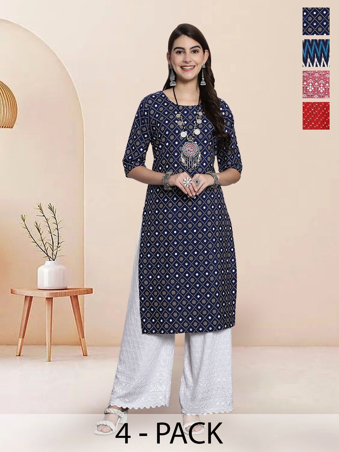 7Threads Selection Of 4 Ethnic Motifs Printed Round Neck Straight Kurtas, Navy blue
7Threads Selection Of 4 Ethnic Motifs Printed Round Neck Straight Kurtas, Navy blue