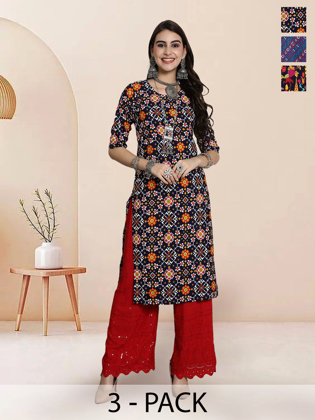 7Threads Selection Of 3 Ethnic Motifs Printed Round Neck Straight Kurtas, Black
7Threads Selection Of 3 Ethnic Motifs Printed Round Neck Straight Kurtas, Black