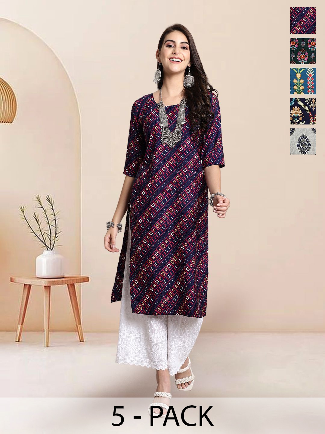 7Threads Selection Of 5 Ethnic Motifs Printed Round Neck Straight Kurtas, Navy blue
7Threads Selection Of 5 Ethnic Motifs Printed Round Neck Straight Kurtas, Navy blue