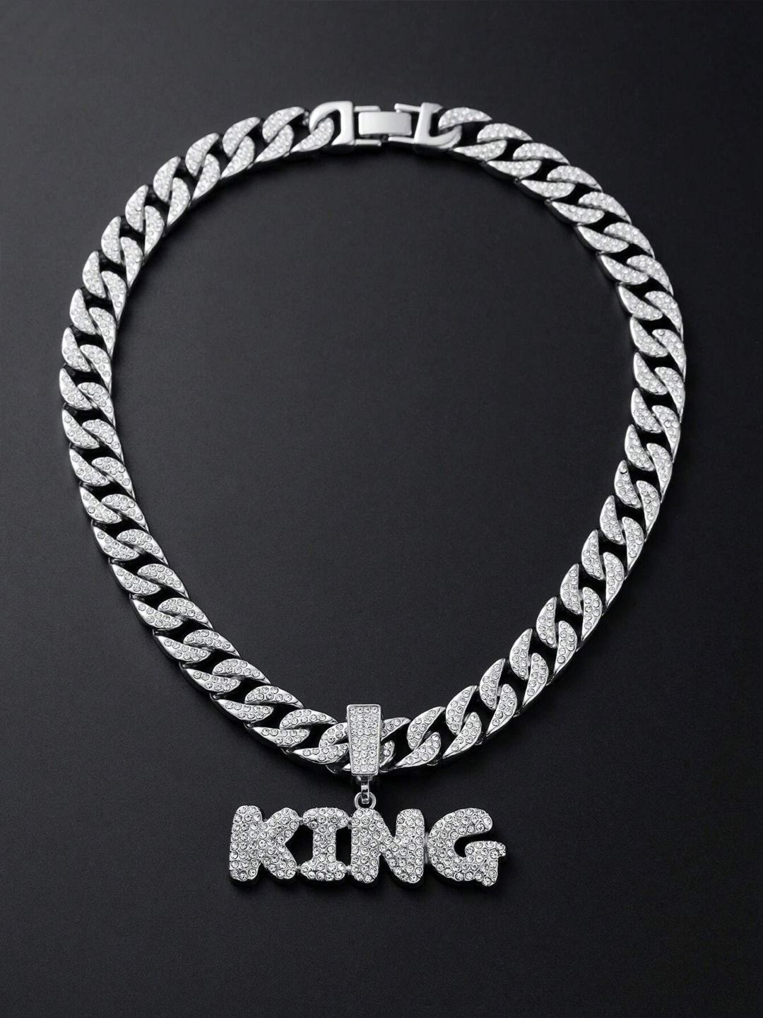 KRENOZ Men Silver-Plated CZ-Studded Stainless Steel Hip Hop Letter KING Pendant With Chain
KRENOZ Men Silver-Plated CZ-Studded Stainless Steel Hip Hop Letter KING Pendant With Chain