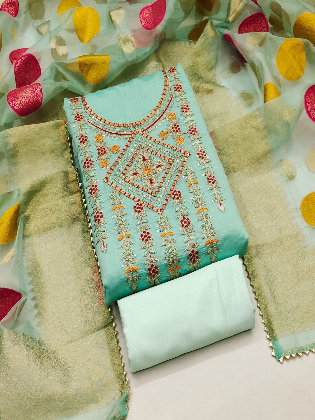 A TO Z CART Floral Embroidered Sequinned Unstitched Dress Material, Turquoise blue
A TO Z CART Floral Embroidered Sequinned Unstitched Dress Material, Turquoise blue