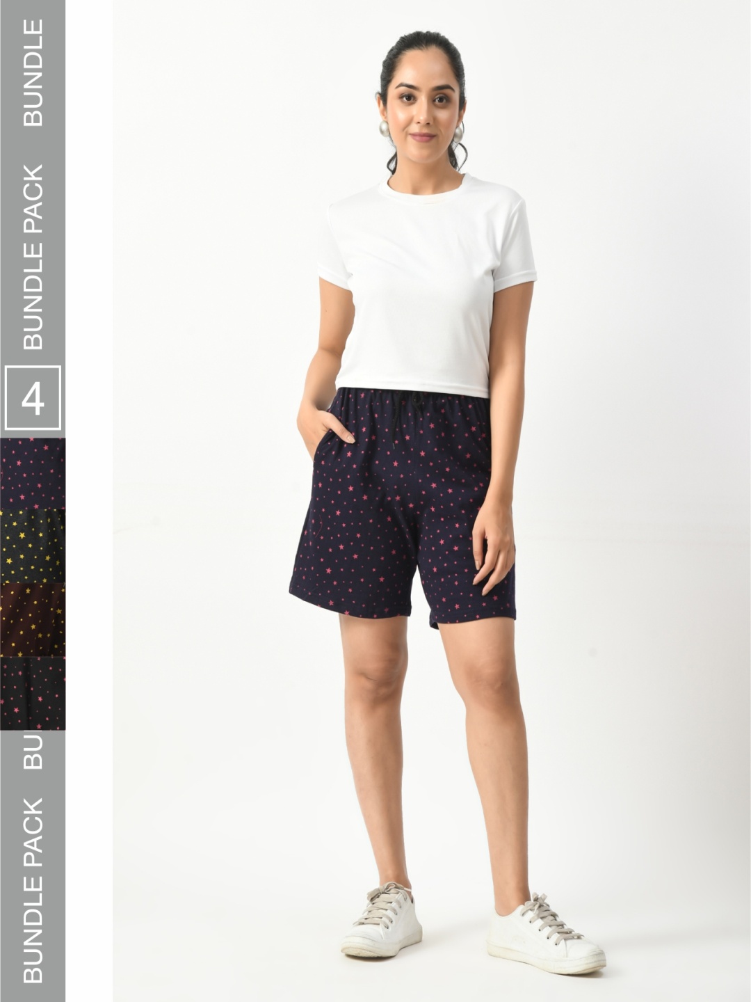 BAESD Women Pack Of 4 Printed High-Rise Cotton Hotpant Shorts, Navy blue
BAESD Women Pack Of 4 Printed High-Rise Cotton Hotpant Shorts, Navy blue