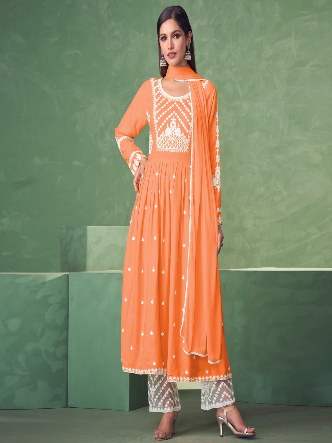 Peachmode Floral Embroidered Thread Work Lucknowi Work Kurta With Palazzos & Dupatta, Orange
Peachmode Floral Embroidered Thread Work Lucknowi Work Kurta With Palazzos & Dupatta, Orange